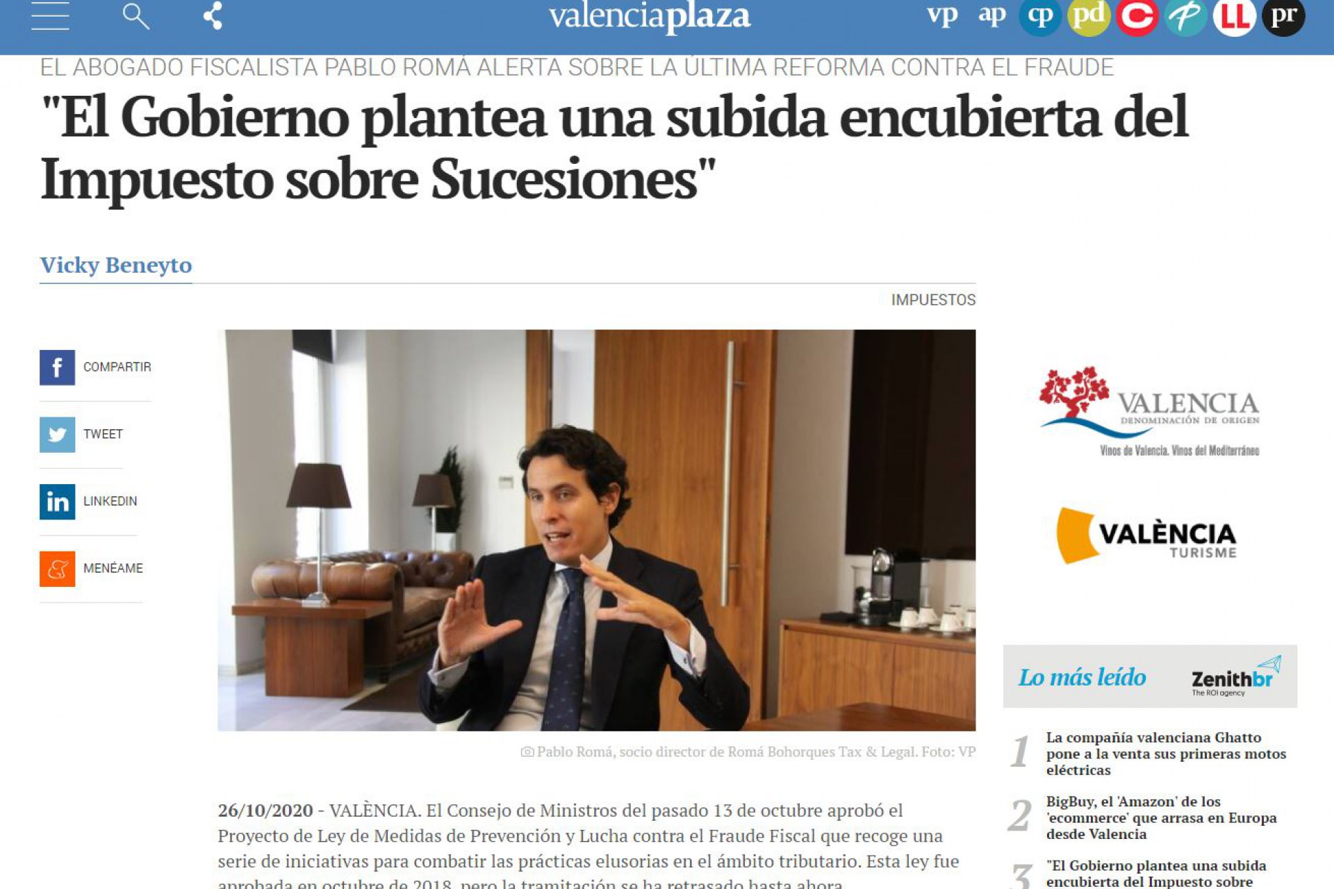 Pablo Romá, en Valencia Plaza: &quot;El Gobierno plantea una subida encubierta del Impuesto sobre Sucesiones&quot;