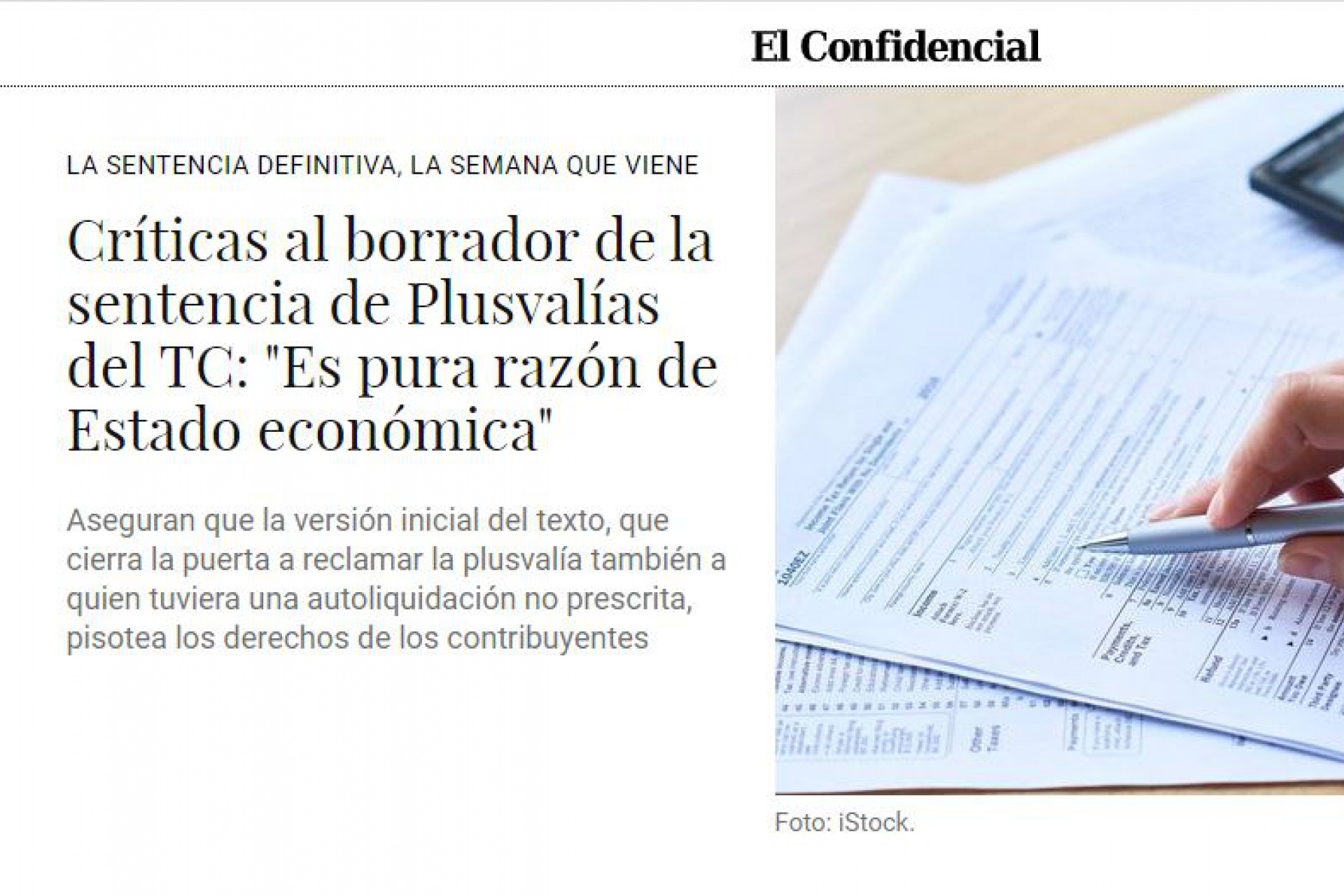 Críticas al borrador de la sentencia del TC sobre Plusvalías: noticia de El Confidencial