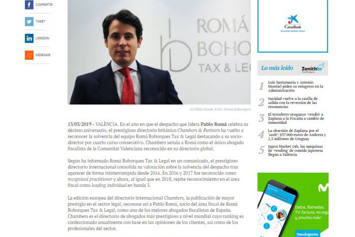 RTBL EN LOS MEDIOS. Valencia Plaza se hace eco de la distinción de Chambers 