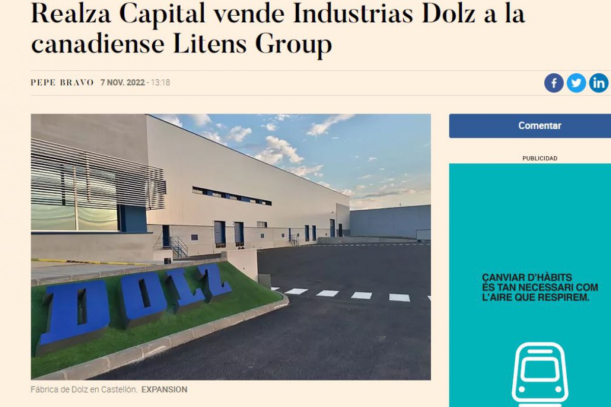 Asesoramos en la compraventa de Industrias Dolz al grupo canadiense Litens